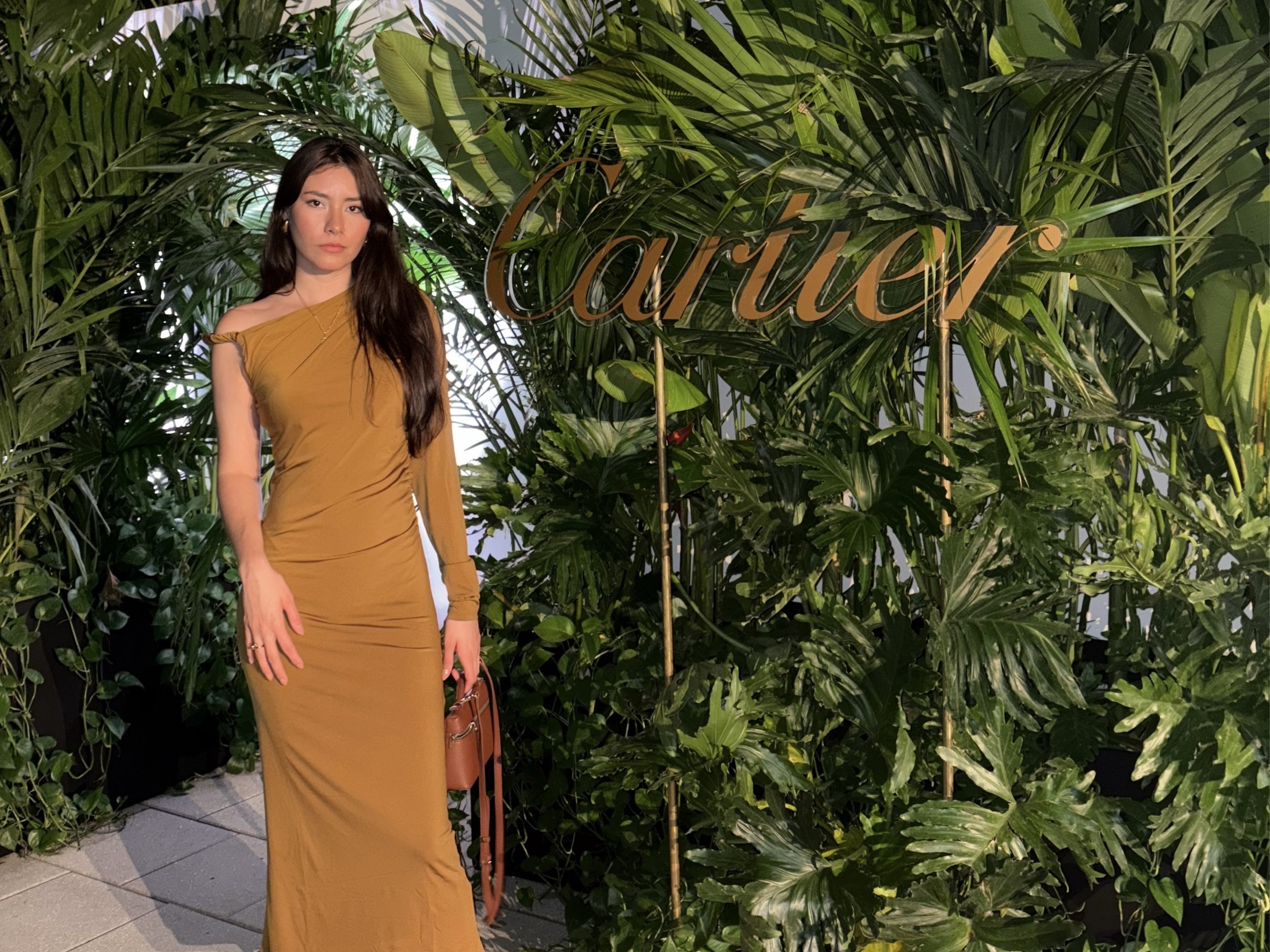 Lu, consultora de imagen en evento de lujo con vestido dorado — Image by LUI Miami